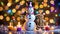 Cute snowman with candles and festive Christmas lights and decorations and a dancing gingerbread man