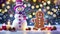 Cute snowman with candles and festive Christmas lights and decorations and a dancing gingerbread man