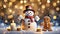 Cute snowman with candles and festive Christmas lights and decorations and a dancing gingerbread man