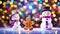 Cute snowman with candles and festive Christmas lights and decorations and a dancing gingerbread man