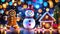 Cute snowman with candles and festive Christmas lights and decorations and a dancing gingerbread man
