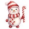 Cute Snowman Candy Cane Christmas Watercolor Clipart Illustration AI Generative