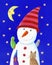 Cute Snowman, cat and birds in the night