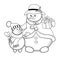 Cute Snowman Colouring Page. Cute Family of Christmas Snowmen with Gift Box. Vector Happy Xmas Snowmen