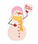 Cute Snowman with decorated pink hat and yellow scarf. Carrot as a nose. Some orange buttons. Christmas symbol holds placard with