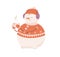 Cute snowman drinking hot cocoa, holding Christmas cup with marshmallows. Happy winter snow man in hat, sweater and ear