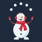 A cute snowman in an earpiece and a red scarf is juggling snowballs. A Christmas cartoon personage in a flat style is isolated on
