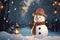 cute snowman happy with snow in evening snowy forest, realistic