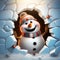 Cute Snowman with hat and scarf coming out of hole crack in Christmas Winter scene background