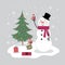 Cute Snowman and little robin bird, Christmas card with cute character