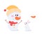 Cute snowman with red scarf and wool knitted hat and rabbit characters enjoy winter