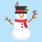 Cute snowman and robin bird in flat design for xmas theme poster