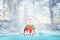 Cute snowman in Santa Claus clothes in New Year, Christmas glass magic ball. Snow fall on it and Christmas tree beside