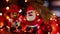 Cute snowman and santa claus toys christmas lights new year scene close up