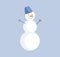Cute snowman simple color flat illustration. Funny snow man with bucket and carrot icon isolated on blue background