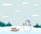 Cute snowman with sled in a snowy forest. Christmas postcard
