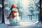 Cute Snowman Smiling in Red Mittens, Scarf, and Hat