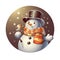 cute snowman in a top hat and a striped orange scarf with a robin bird on a snow mitten