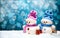 Cute snowmen couple with blue winter background