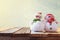 Cute snowmen on wooden table