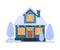 Cute Snowy Suburban House, Blue Rural Winter Cottage Vector Illustration