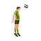 Cute soccer player in black green uniform make head ball