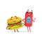 Cute soda can and hamburger characters posing with smiling faces. Fast food concept. Vector flat illustration