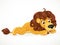 Cute soft toy lion with a lush mane lies on a white