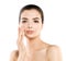 Cute Spa Model Woman with Healthy Skin Touching her Hand her Face. Spa Beauty, Facial Treatment and Cosmetology Concept