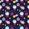 Cute space animals seamless pattern. Spaceship and funny astronauts in outer cosmos. Cartoon characters with planets