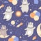 Cute space seamless pattern. Astronaut bears with balloons, stars and meteorites on dark blue background. Vector