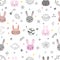 Cute space seamless pattern with cartoon bunnies. Abstract print with animals. Hand drawn nursery background with funny rabbits fo