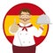 Cute spanish chef with big mustache holding a tray and giving thumbs up over Spain flag