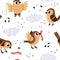 Cute sparrows seamless pattern. Cartoon print with brown birds. Flying animals pecking seeds and caterpillars. City