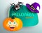 Cute spider on cobweb and orange pumpkin with happy monster face and purple witch hat on white background. Happy Halloween congrat
