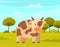 Cute spotted cow on meadow with green grass. Farm animal with horns and udder. Cow in cartoon style