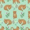 Cute spotted leopard kittens seamless pattern, cartoon drawn funny animals, wild cat kitten, with abstract flowers on green