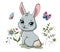 Cute spring bunny in garden with flowers