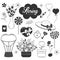 Cute spring monochrome collection. Air balloon, flowers.