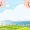 Cute Spring village by the sea with windmill, cherry blossom, green grass fields,blue sky and cloud,Vector cartoon Natural