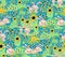 Cute Springtime Bunny pattern. Seamless rabbit background for kids. Bunnies carrots sunflowers garden green seamless pattern.