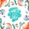 Cute square postcard marine lettering World Ocean Day. Texture digital art on a white background. Print for fabrics, clothes, stat