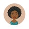 Cute squeamish Afro American woman avatar. Overcritical African girl emoji.  Skeptical dark-skinned person facial expression.