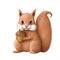 Cute squirrel with acorn, animal clipart, watercolor style illustration with cartoon character