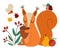 Cute squirrel with acorn insects, fruits. Vector autumn scene with adorable animal. Fall season woodland scenery for print,