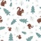 Cute squirrel in forest vector seamless pattern background. Scattered folk art woodland animals, acorns and trees on