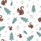 Cute squirrel in forest vector seamless pattern background. Scattered folk art woodland animals, acorns and trees on