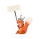 Cute squirrel in funny hat holding empty banner with place for text vector flat illustration. Adorable cartoon animal