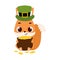 Cute squirrel in green leprechaun hat holds bowler with gold coins. Irish holiday folklore theme. Cartoon design for