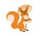 Cute squirrel with happy smiling face holding big mushroom in paws. Small wild forest animal with fluffy tail carrying